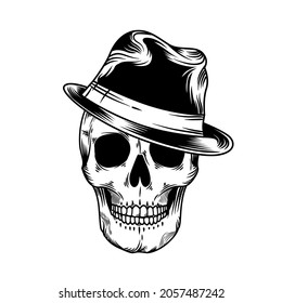 hand drawn skull head with mafia hat illustration
