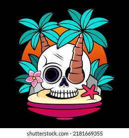 hand drawn skull head with palm tree at the island