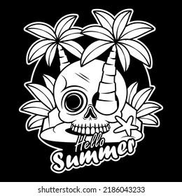 hand drawn skull head with palm tree at the island