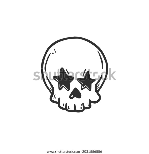 Hand\
drawn skull head with star eyes. Doodle sketch style. Drawing line\
simple skull icon. Isolated vector\
illustration.