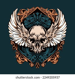 Hand drawn skull head wings illustration ornament frame for apparel tshirt design and poster