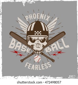 Hand drawn skull with a helmet and a baseball bat with a ball, t-shirt design