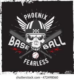 Hand drawn skull with a helmet and a baseball bat with a ball, t-shirt design