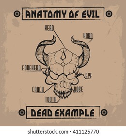 Hand drawn skull with horns and phrase "Anatomy of Evil. Dead example", t-shirt design, vintage poster