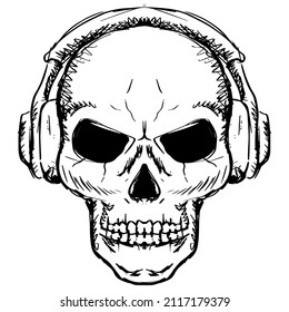 Hand drawn  skull human with headphone