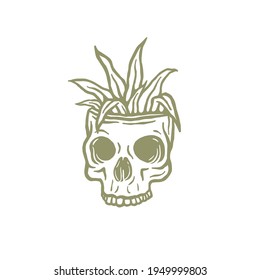 Ilustración del cráneo dibujada a mano. el cráneo cultiva hierba sobre ella. ilustración vectorial.