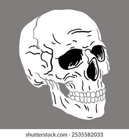 Hand Drawn Skull Illustration on Gray Background Vintage Halloween Skeleton Clipart