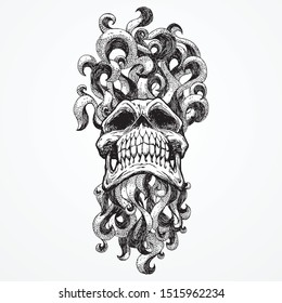 Hand drawn skull illustration. Tentacles emerging from skull. Isolated drawing on background. 