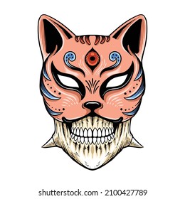 hand drawn skull with kitsune mask