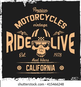Hand drawn skull label. Motorcycle theme. T-shirt design. Vintage label.