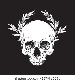 Hand drawn skull in laurel wreath vintage line art tattoo vector illustration isolated