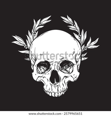 Hand drawn skull in laurel wreath vintage line art tattoo vector illustration isolated