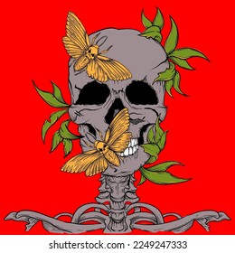 Hand drawn Skull Leaf and Butterfly Illustration