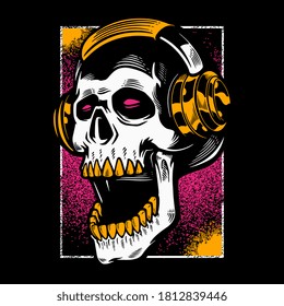 Hand drawn skull listening to music in headphones. Vintage dead head on dark color background. T- shirt design halloween theme. Print for clothes, posters, and other uses. Vector illustration