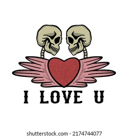 handgezeichneter Schädel i love u Illustration für T-Shirt-Jackenhoodie kann für Aufkleber etc. verwendet werden