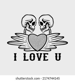 handgezeichneter Schädel i love u Illustration für T-Shirt-Jackenhoodie kann für Aufkleber etc. verwendet werden