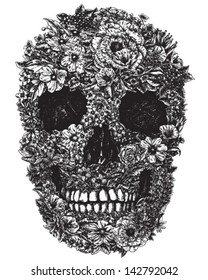 Hand Drawn Skull Made of Flowers