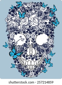 Hand Drawn Skull Made of Flowers.t shirt print design