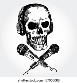 Hand Drawn Skull with Microphones