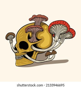 hand drawn skull with mushroom