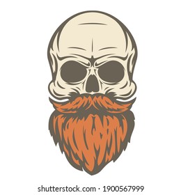 Hand drawn skull with mustache and beard in cartoon vintage style isolated on white background. Design element for print, poster, cover. Vector illustration.
