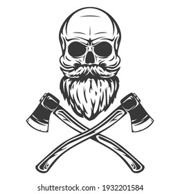 Hand drawn skull with mustache, beard and crossed axes in cartoon vintage style isolated on white background. Design element for print, poster, cover, banner. Vector illustration.