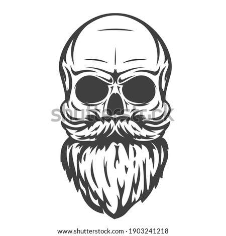 Hand drawn skull with mustache and beard in cartoon vintage style isolated on white background. Design element for print, poster, cover. Vector illustration.