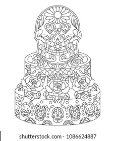 Hand drawn Skull on Cake with Flowers Pattern.Mexican holiday Day of the Dead.isolated vector file