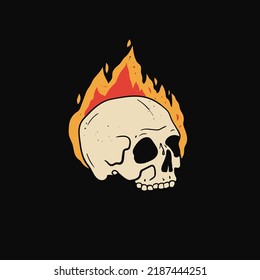 Hand drawn Skull on fire. Burning skull. Trendy isolated colorful Vector illustration. Cartoon, vintage style. Poster, tattoo idea, t-shirt print, sticker, logo design template