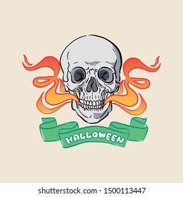 Hand drawn skull on flame vector