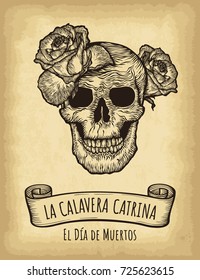 Hand drawn skull on old craft paper texture background. Template for your design works. Vector illustration. Day of the dead lettering (Spanish language).