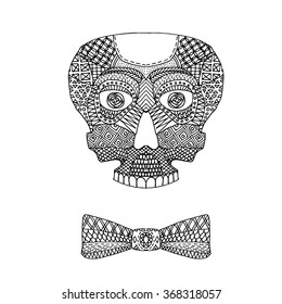 Hand drawn skull on white background vector skull with bow tie
