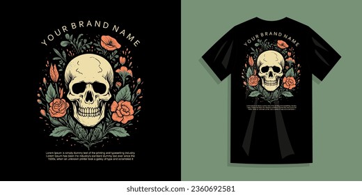 Hand drawn skull overgrown with flower plants t-shirt design display