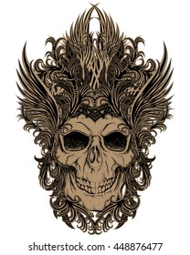 hand drawn skull with pattern and wings