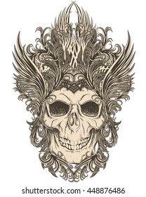 hand drawn skull with pattern and wings