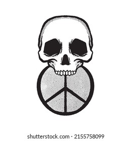 hand drawn skull with peace logo doodle illustration for tattoo stickers poster etc