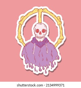 hand drawn skull with peace symbol doodle illustration for stickers etc