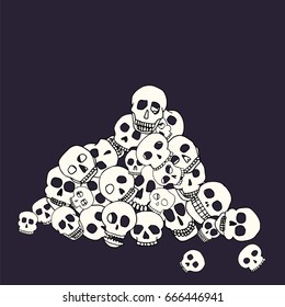 Hand drawn skull pile. Stock vector illustration of human head doodles in a heap