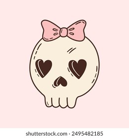 Hand drawn skull with pink bow. Cute girl skeleton decoration. Halloween decor in coquette style. Doodle vector illustration