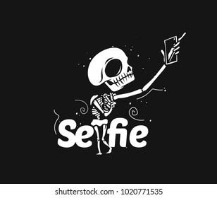 Hand drawn skull, posing, t shirt print, selfie, vector illustration