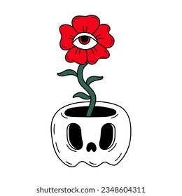 Hand drawn skull pot with psychedelic eye flower. Doodle vector drawing for halloween decoration. Trippy gothic element. Card, poster, invitation, tattoo design