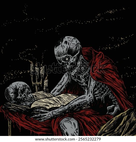 hand drawn skull reading death metal illustration