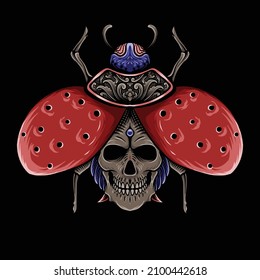 cráneo dibujado a mano con fondo de ilustración de escarabajo rojo negro