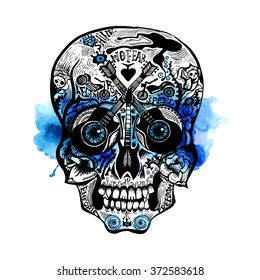 Hand Drawn Skull in rock-n-roll and old school tattoo style with watercolor splashes. 