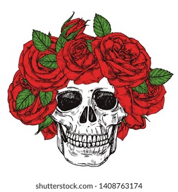 Hand drawn skull with roses head wreath vector isolated on white background