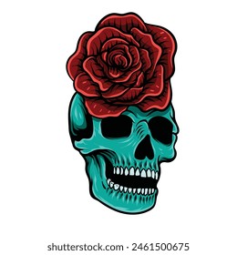 hand drawn skull with roses illustration t shirt design