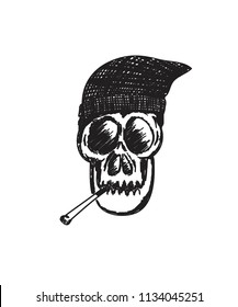 Hand drawn skull smoking, hip-hop, rap, t shirt, art