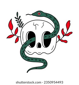 Hand drawn skull with a snake. Doodle vector drawing for halloween decoration. Trippy gothic element. Card, poster, invitation, tattoo design