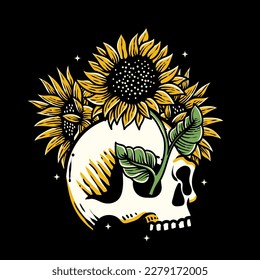 hand drawn skull with sunflower illustration