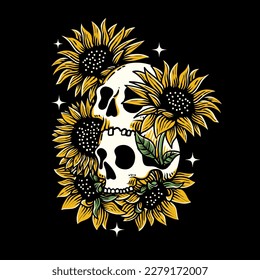 hand drawn skull with sunflower illustration